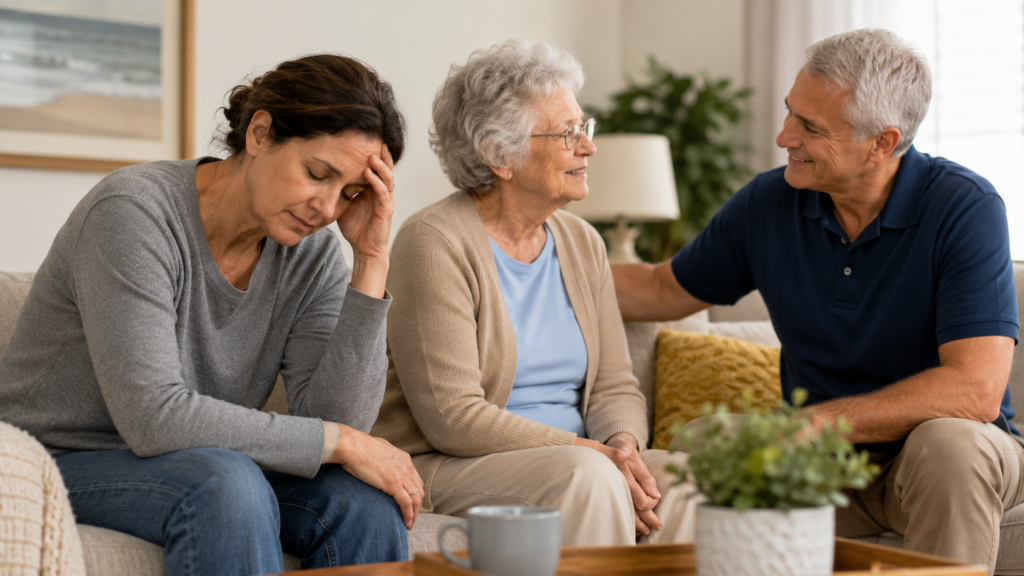 Tired family caregiver resting while a senior companion supports her aging mother at home.