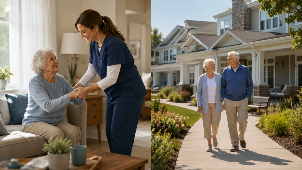 Older woman receiving help from a caregiver at home beside two seniors walking outside an assisted living community.