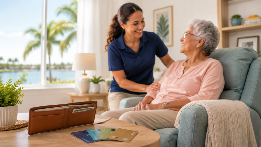 A caregiver smiles with an older woman seated in a bright living room, with a wallet and payment cards on a table nearby.