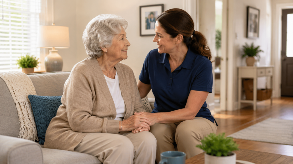 Caregiver providing compassionate in-home support to an older woman in Sarasota.
