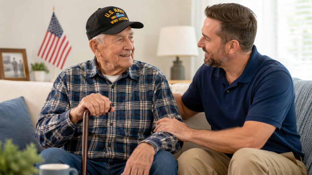 Older veteran receiving in-home care from a caregiver in Sarasota, Florida.